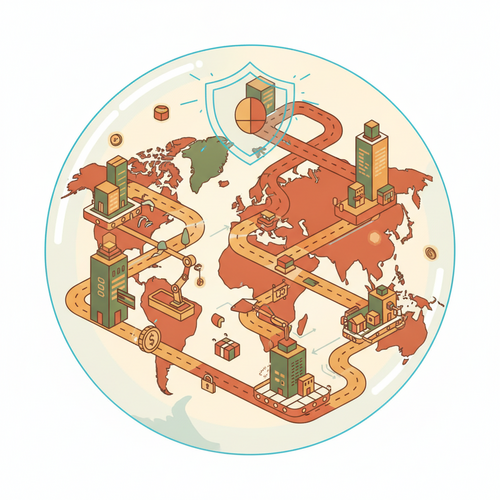 Illustration of automated e-commerce infrastructure facilitating cross-border revenue generation with global data flows and secure transactions.