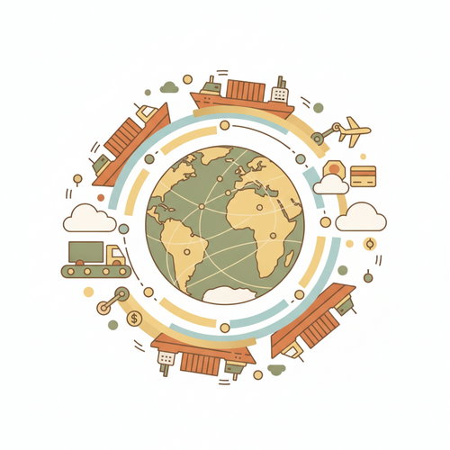 Flat design illustration of an automated global e-commerce network with digital payment flows, highlighting cross-border e-commerce automation.