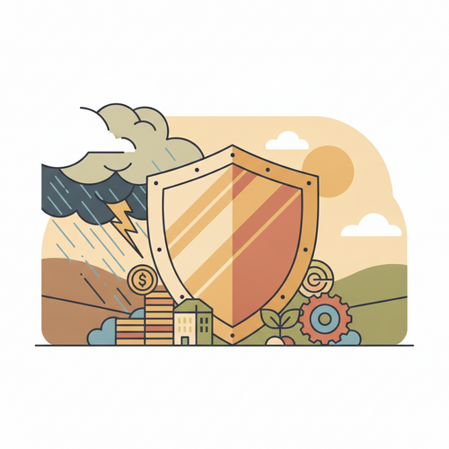 Catastrophic Event Risk Management Fiduciary: A protective shield guards institutional assets from extreme weather and market shocks, symbolizing robust underwriting and asset protection strategies.