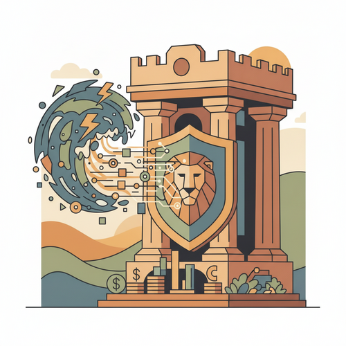 Flat design illustration depicting institutional fiduciary asset protection through advanced catastrophic event underwriting, showing a shield guarding financial assets from a stylized storm.