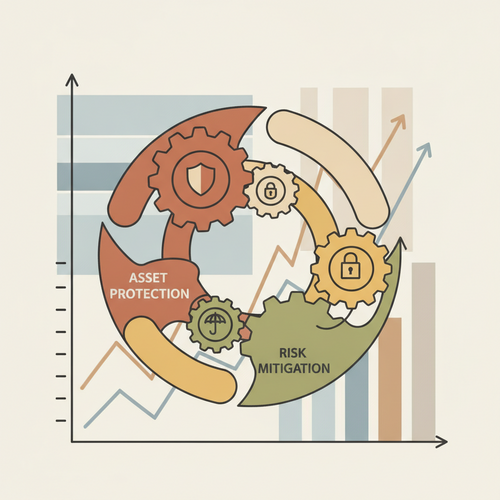 Flat design illustration of interconnected gears, financial charts, and shields symbolizing actuarial hedging strategies and comprehensive risk mitigation for premium asset protection.