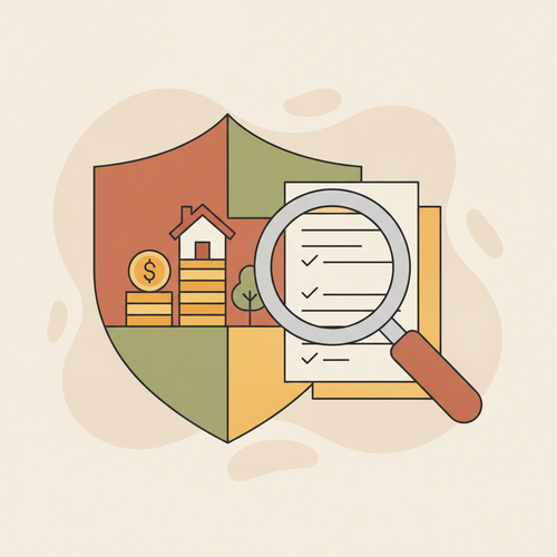 A corporate shield protecting a stack of gold coins and important documents, with a magnifying glass reviewing fine print, illustrating corporate liability underwriting and wealth preservation.