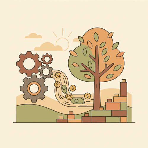 Flat design illustration of corporate treasury optimization with gears, money, and a growing business, representing capital allocation strategies for scalability.