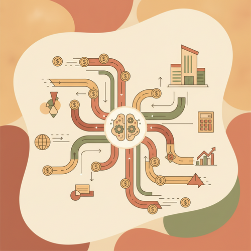 A flat design illustration of data flowing between interconnected corporate entities, symbolizing quantitative corporate treasury optimization and liquidity sequencing.