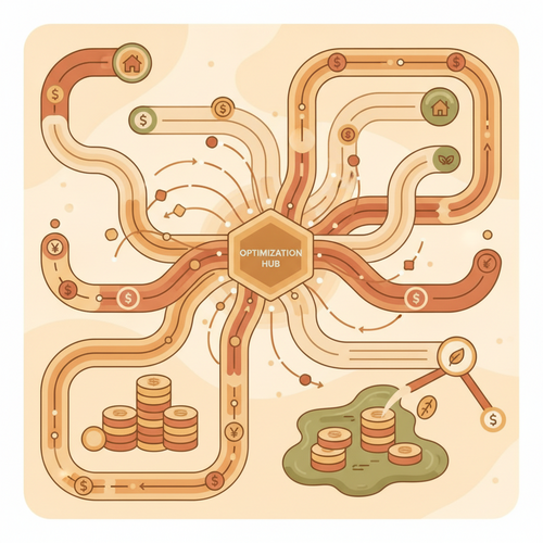 Flat design illustration depicting a complex financial ecosystem with data flows, multiple currencies, and a central brain optimizing liquidity, representing quantitative corporate treasury optimization.