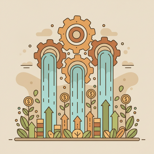 Flat design illustration of interconnected financial gears, flowing water representing liquidity, and upward-trending growth charts symbolizing High Net Worth Tax Yield Optimization.