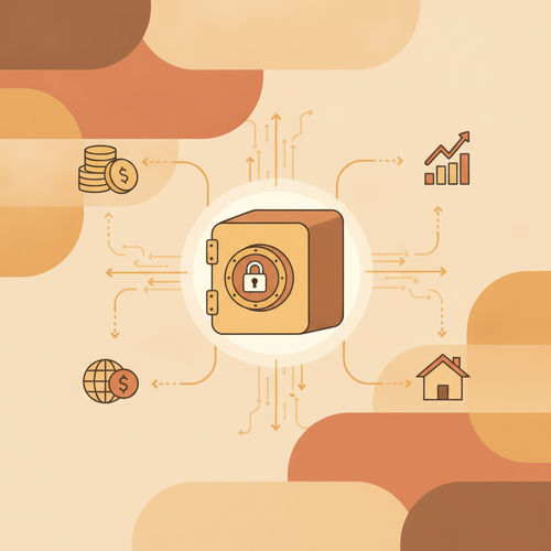 Flat design illustration of a secure digital vault surrounded by flowing data streams and various financial symbols, representing high net worth liquidity retention and algorithmic tax optimization.