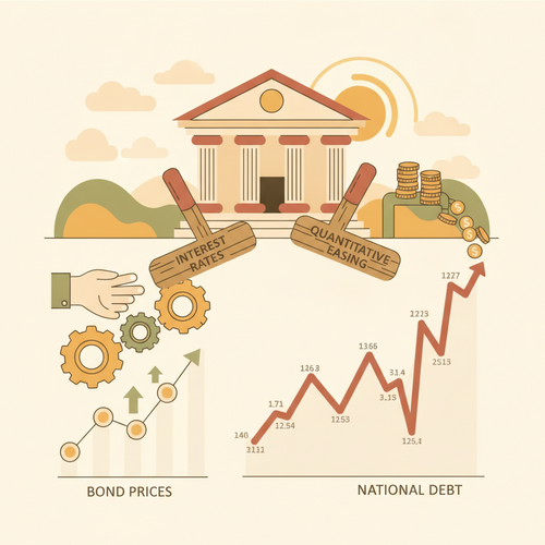 Illustration of monetary tightening impacting bond valuations and sovereign yields, showing central bank policy tools affecting financial markets.