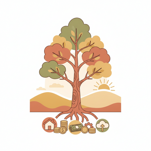 Private Office Wealth Aggregation strategies showing diverse assets growing into a multi-generational financial tree.