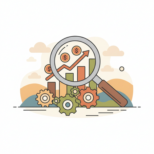 Flat design illustration of a magnifying glass over a financial graph with money symbols, gears representing algorithmic expenditure compression, and data points, symbolizing quantitative corporate forecasting and financial optimization.