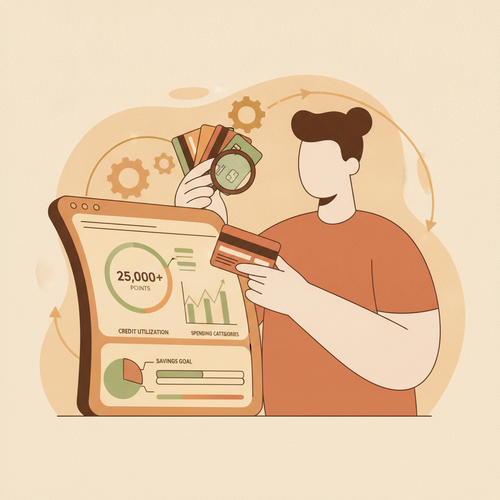 Illustration of revolving debt reward optimization strategies, showing a financial professional managing credit lines and maximizing reward accrual.