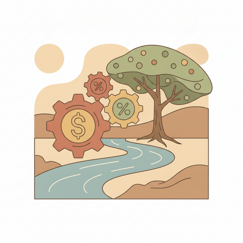 Flat design illustration showing gears, a river, and a growing tree, symbolizing strategic liquidity management for private wealth accumulation.
