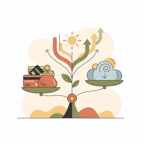 Flat design illustration depicting strategic corporate expenditure arbitrage through unsecured credit leveraging, showing financial instruments and growth.