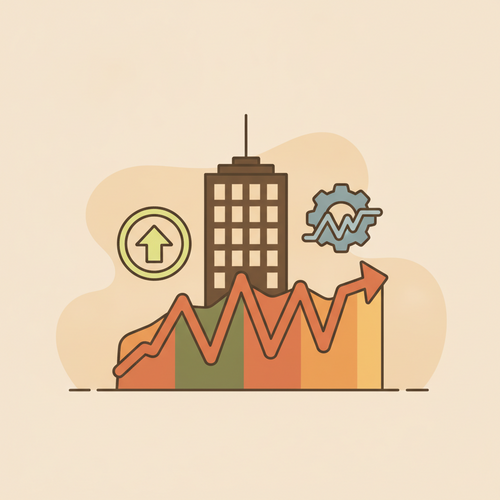 Flat design illustration of financial graphs, a corporate building silhouette, and abstract symbols representing interest rates and economic indicators, conveying the concept of variable rate obligation hedging and macroeconomic corporate borrowing strategy.