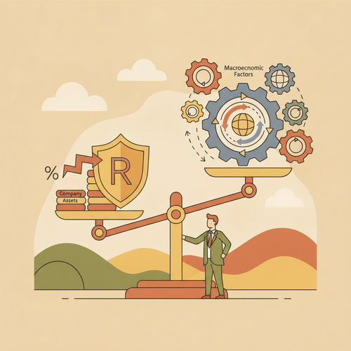 Flat design illustration depicting Variable Rate Obligation Hedging, showing a company managing interest rate risk amidst macroeconomic shifts with financial instruments.