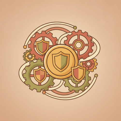 Flat design illustration showing interconnected gears and shields, symbolizing actuarial risk mitigation strategies and comprehensive premium shielding frameworks protecting financial assets.