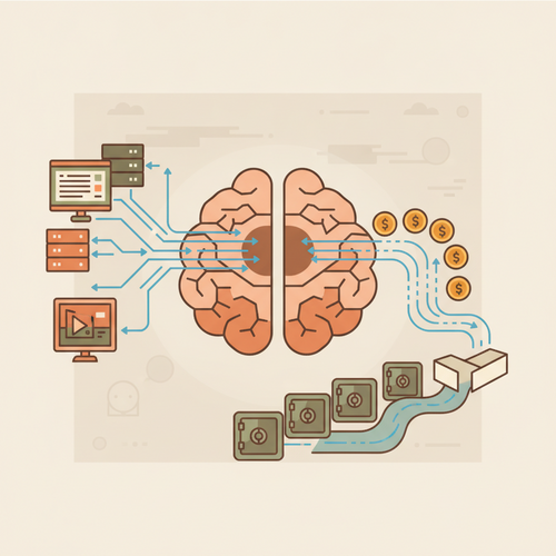 Flat design illustration of a corporate treasury office with data visualizations, financial charts, and a robotic arm moving money, symbolizing algorithmic operations and predictive analytics.