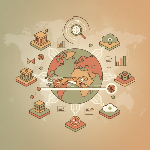 Illustration of digital assets moving between global exchanges, representing asymmetric remote arbitrage and commercialization.