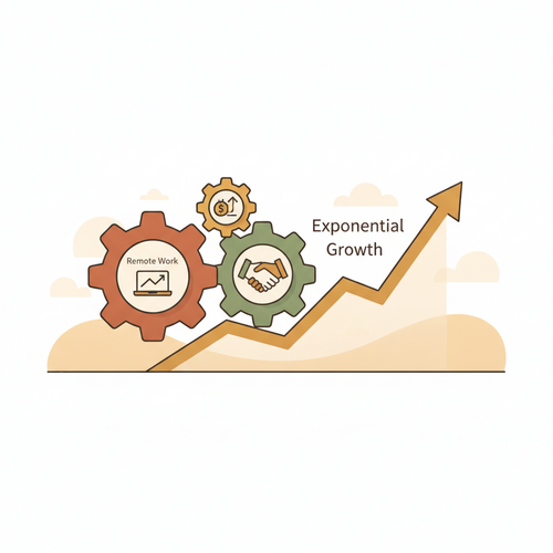 Illustration depicting asymmetric venture incubation strategies and high-margin remote monetization models, showing business growth and digital revenue streams.