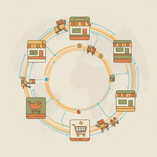 Flat design illustration depicting automated e-commerce arbitrage frameworks, showing digital assets moving between platforms, robots, and interconnected data flows symbolizing remote capitalization and algorithmic trading.