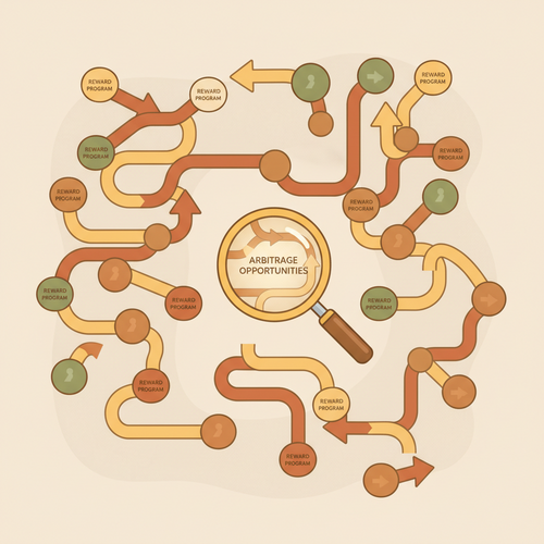 Illustration depicting commercial reward arbitrage, showing interconnected financial networks and magnifying glasses highlighting high-volume transactional capitalization opportunities