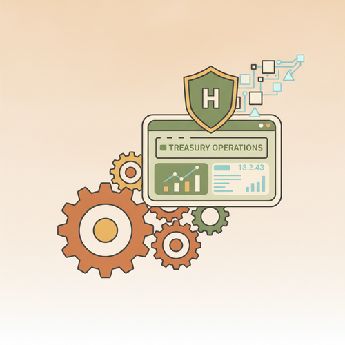 Flat design illustration depicting Corporate Treasury Sequencing and Algorithmic Expenditure Hedging processes, with interconnected systems and financial data.