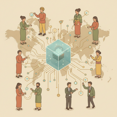Flat design illustration of decentralized venture incubation with global community contributing to digital revenue networks