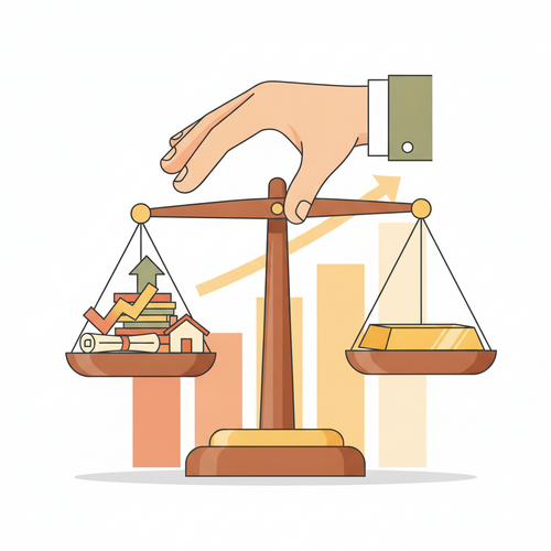 High Net Worth Portfolio Rebalancing illustrating a balanced financial scale with diverse assets, symbolizing strategic asset allocation and wealth optimization.