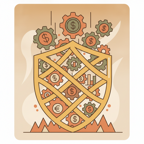Illustration of fiduciary risk transfer mechanisms, depicting a protective shield safeguarding complex financial instruments and assets.