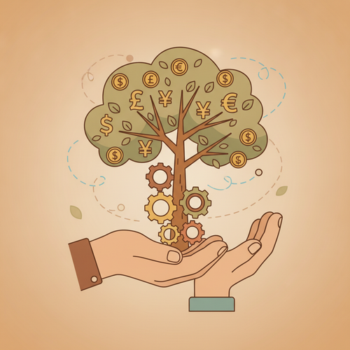 Intergenerational Wealth Management: Flat design illustration depicting hands of different generations nurturing financial growth and secure asset transfer.