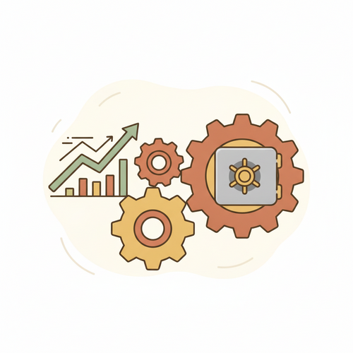 Flat design illustration representing quantitative operational yield maximization and strategic enterprise capital deployment, showing gears, growth curves, and financial data symbols.