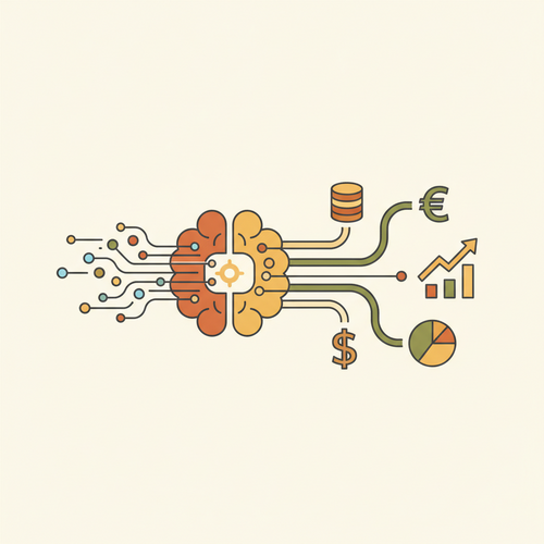 Illustration depicting quantitative treasury forecasting with data streams flowing into a financial optimization system and operational cash flow arbitrage.