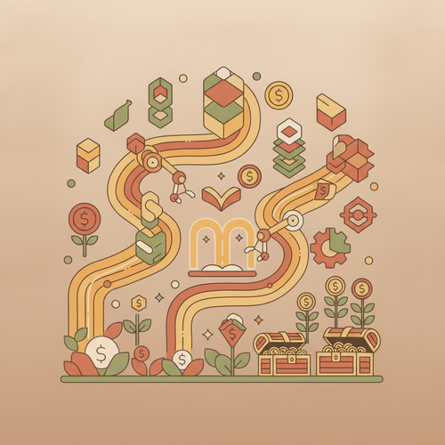 Flat design illustration of an automated digital asset revenue infrastructure with interconnected blockchain nodes, AI symbols, and financial graphs indicating growth.
