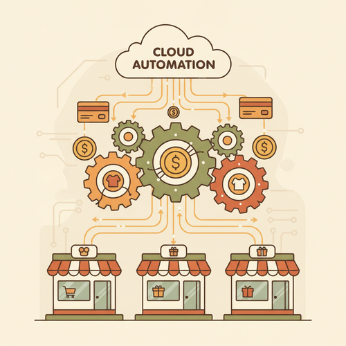 Automated E-Commerce Asset Monetization system showing interconnected digital stores and automated money flow.