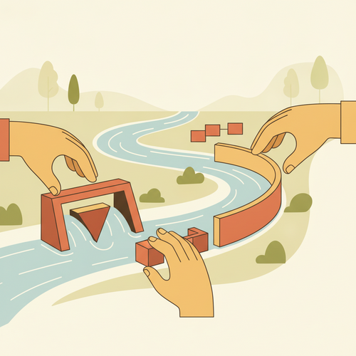 Flat design illustration of a sovereign yield curve as a river, with financial instruments like swaps and futures represented as strategic dams, symbolizing fixed-income hedging architectures and risk management in bond markets.