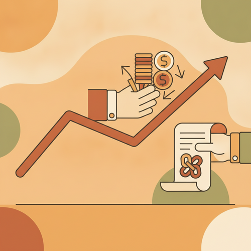 Flat design illustration showing a sovereign yield curve flattening, represented by a declining line, with hands collaboratively restructuring large debt stacks, symbolizing sovereign debt restructuring strategies and macroeconomic stability.