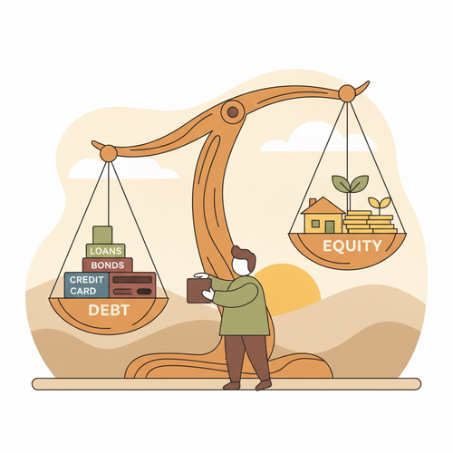 Illustration of a person balancing scales representing debt and equity, symbolizing enterprise liability optimization strategy.
