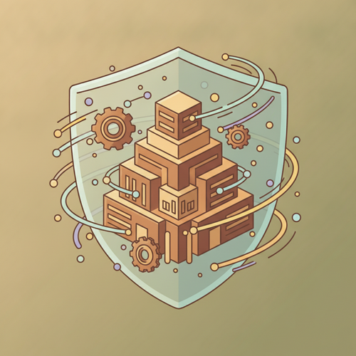 Flat design illustration depicting Systemic Corporate Liability Hedging protecting a corporate entity, with data analytics flowing around it, representing advanced risk management.