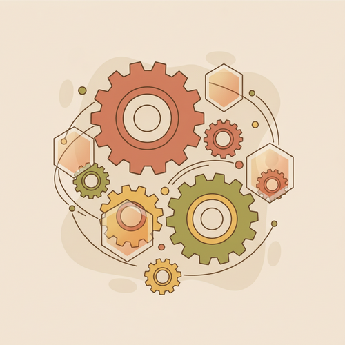 Flat design illustration of interconnected gears and a protective shield, symbolizing systemic risk underwriting analytics and enterprise catastrophic risk deflection.