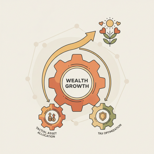 Illustration showing gears interlocking, symbolizing the synergy between Tactical Asset Allocation and tax optimization strategies for wealth growth.