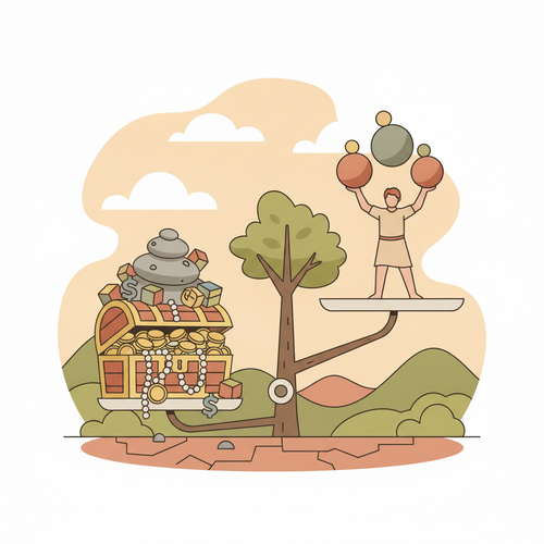 Flat design illustration of a scale balancing unsecured liabilities against institutional reward capitalization strategy, symbolizing financial optimization and growth.